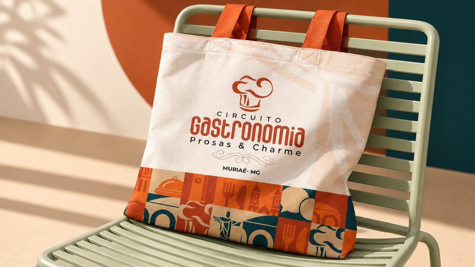 Ecobag clara com alças laranja, logo do circuito e faixa de ladrilhos, pendurada numa cadeira verde.
