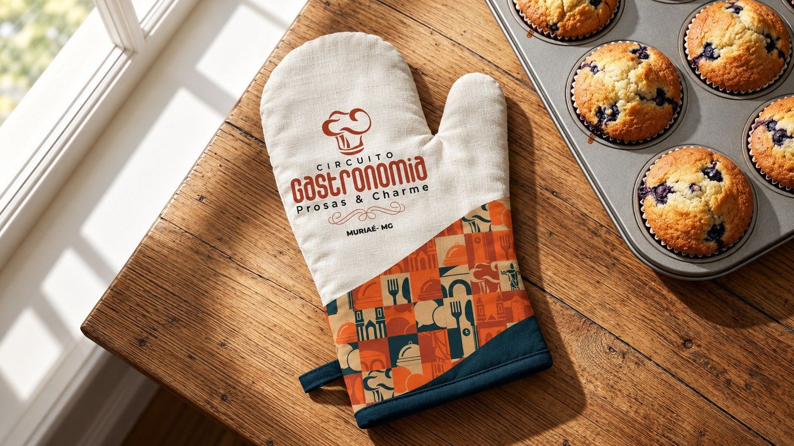 Luva térmica com o logo do circuito e ladrilhos, sobre uma mesa de madeira ao lado de muffins.