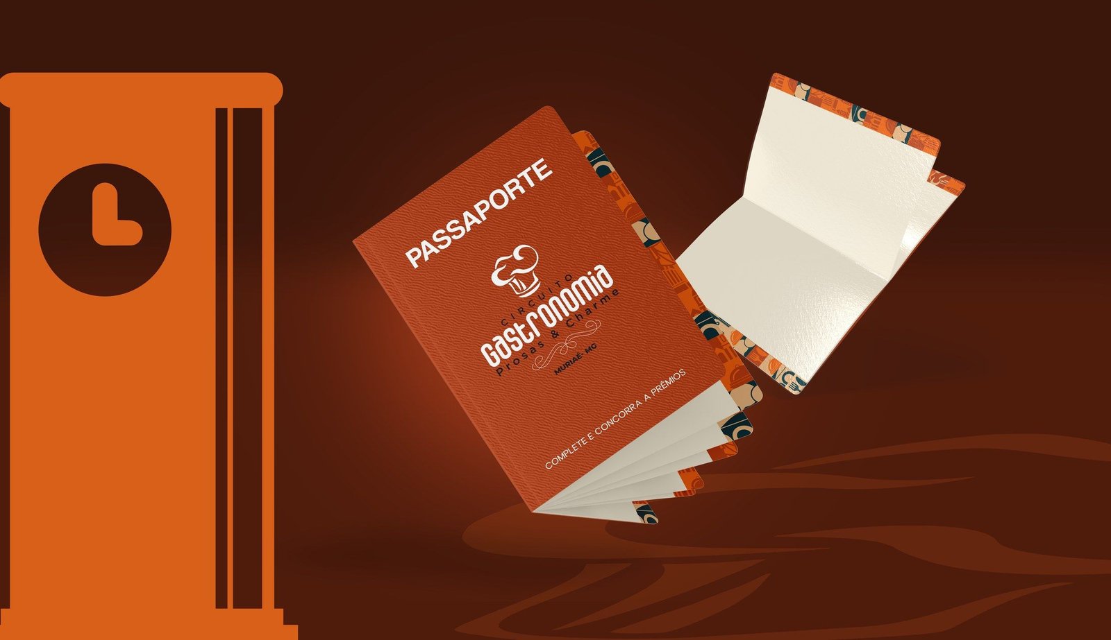 Passaporte do circuito, capa terracota com o logo e a frase Complete e concorra a prêmios, aberto ao lado.